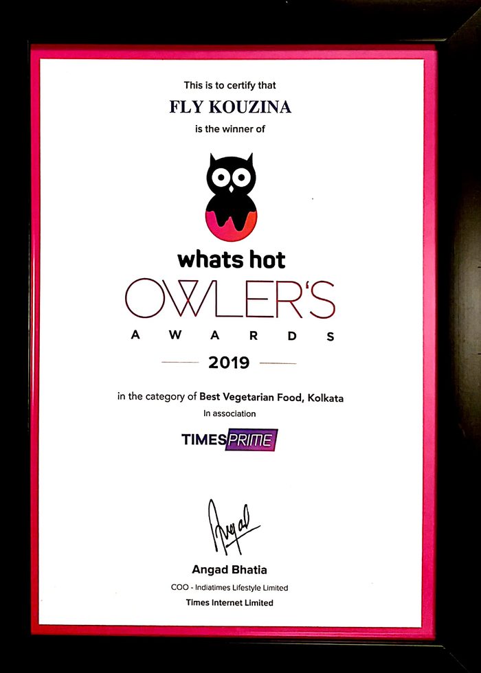 Whats Hot Owler's Awards 2019 certificate: Best Vegetarian Food, Kolkata